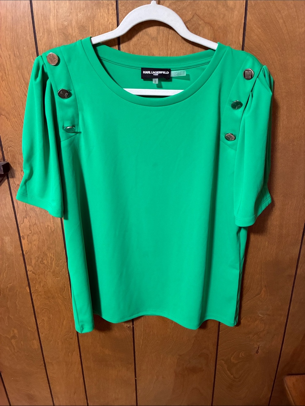 Karl Lagerfeld Paris Bright Green Short Sleeve Top with Silver Buttons